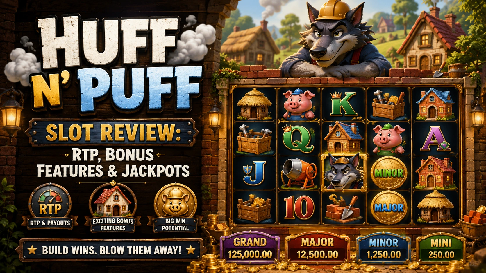 Fairy-tale construction slot scene with pig builders, a wolf, Hard Hat symbols, house frames and jackpot indicators.