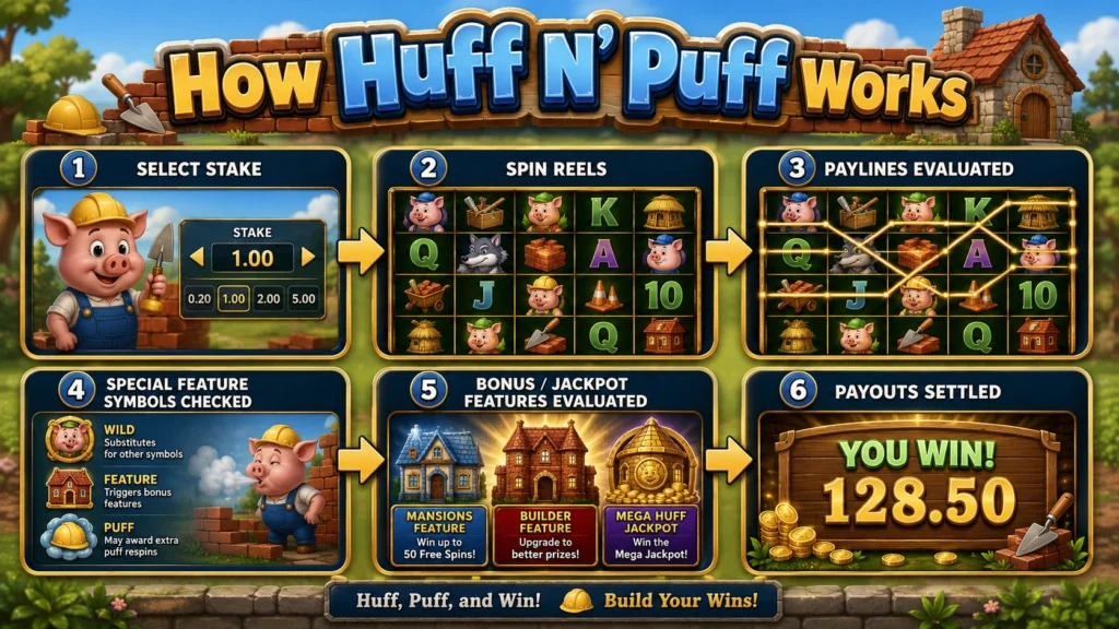 Huff N’ Puff round showing stake selection, reel spin, 243-way win evaluation, Hard Hat trigger, Wheel Feature and payout settlement.