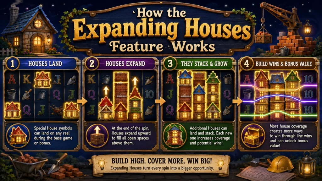 Hard Hat symbols upgrading reel positions from straw frames to wood and brick houses during free spins.