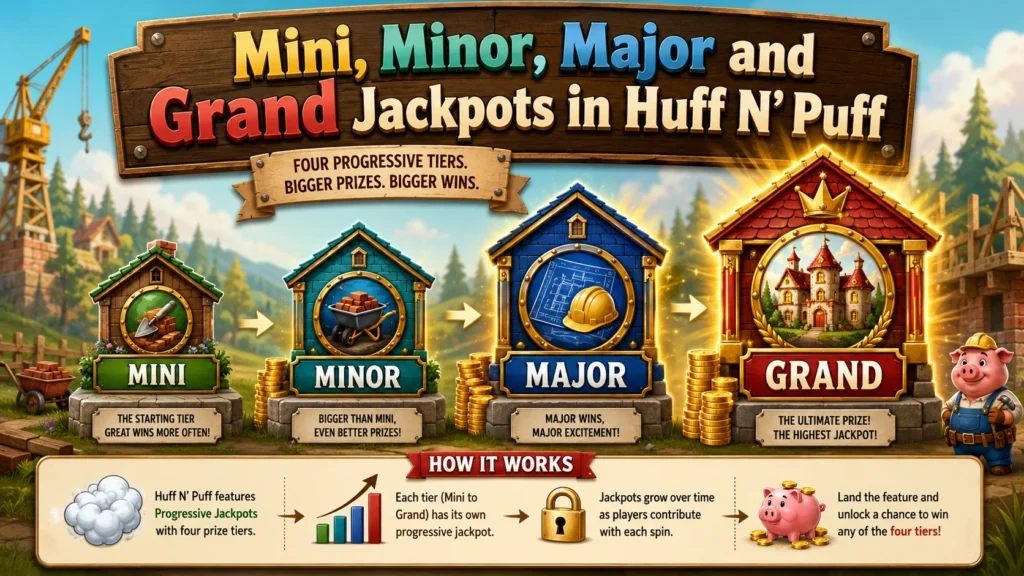Mini, Minor, Major and Grand jackpot levels shown beside house prizes and the Huff N’ Puff feature wheel.