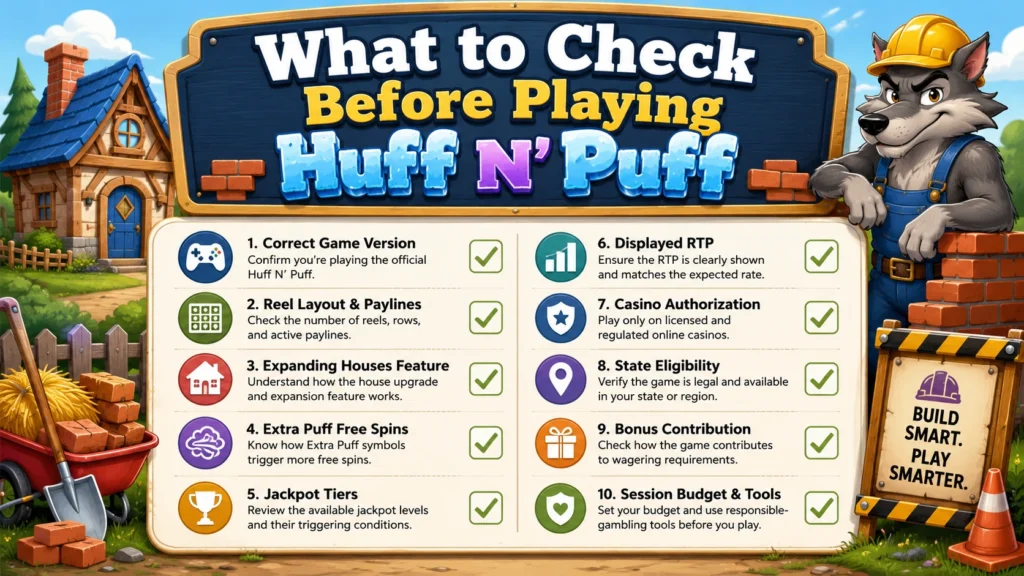 Checklist covering the Huff N’ Puff version, provider, RTP, 243 ways, bonus triggers, jackpots, casino authorization and session budget.