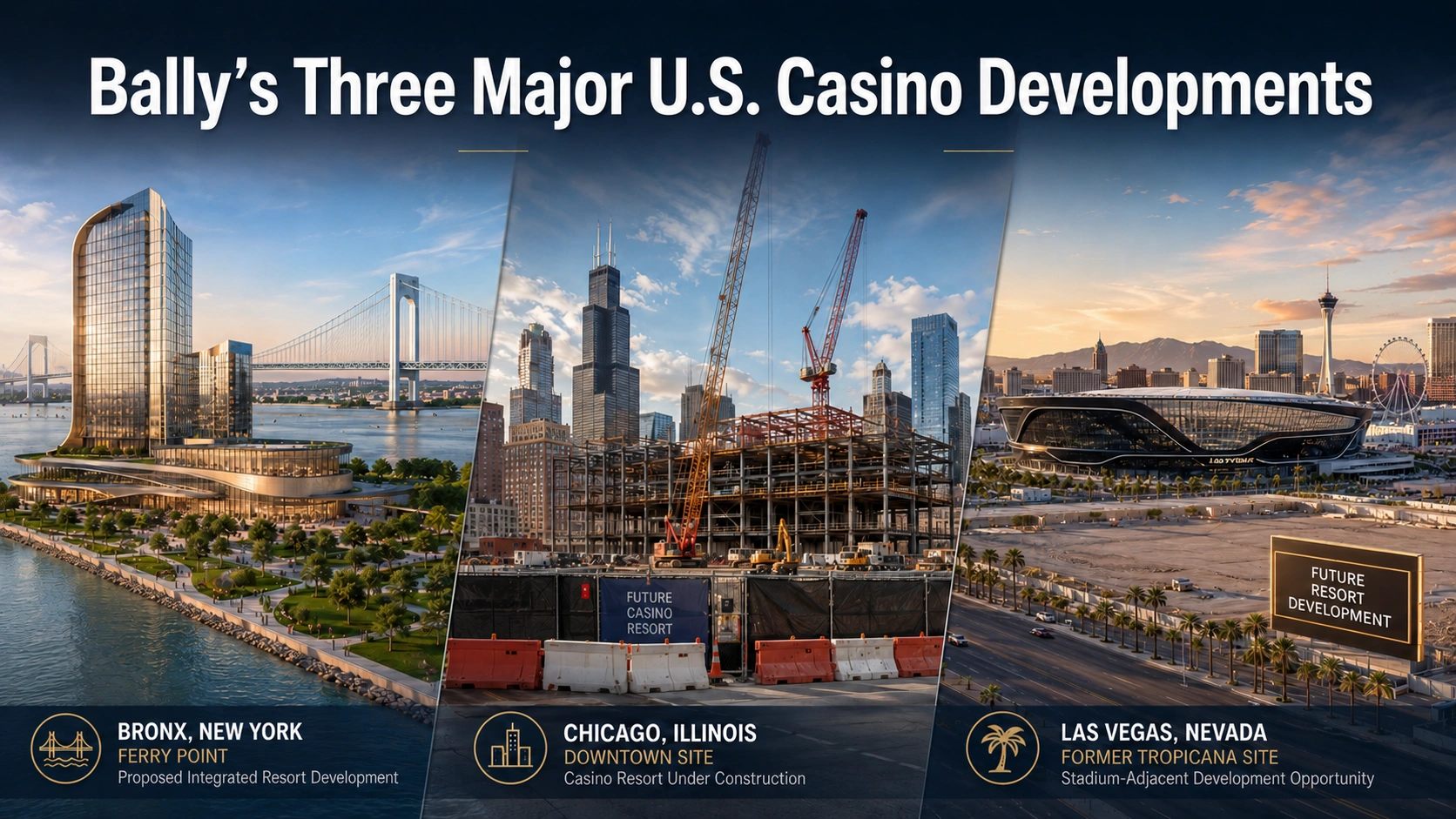 Bally’s casino development sites in the Bronx, Chicago and Las Vegas